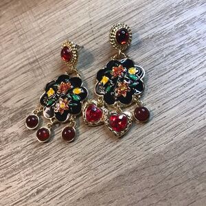Baroque Heart Bead Floral Black Gold and Red Statement Drop Earrings